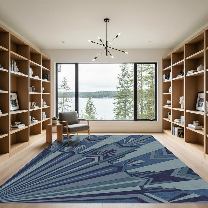 Art Deco Blue Sunburst Geometric Rug