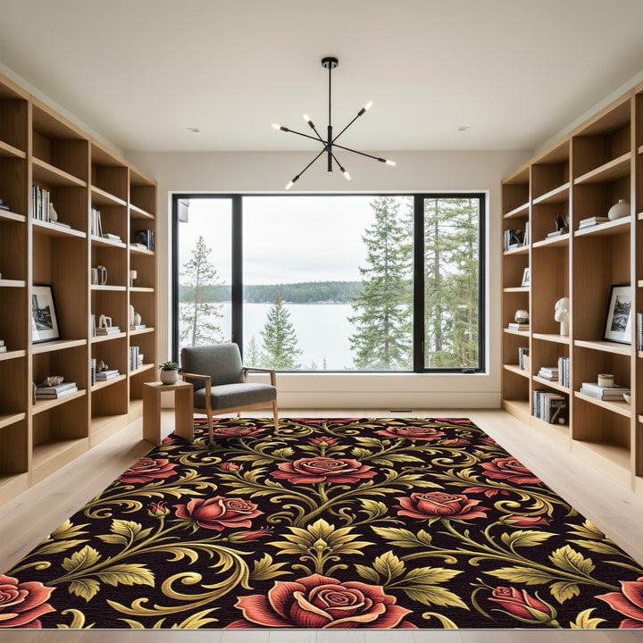 Rich Red Rose Foliage Flourish Rug