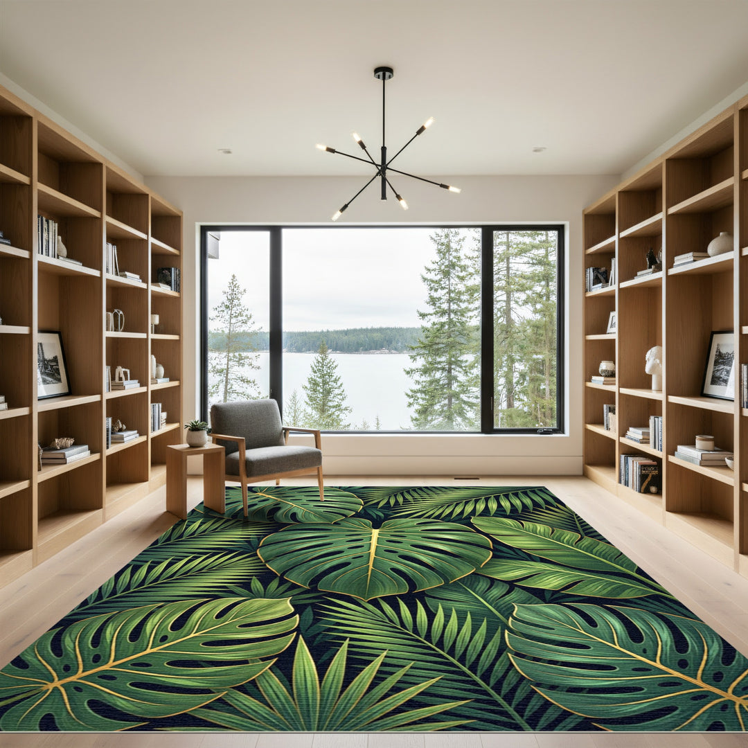Exotic Green Monstera Palm Leaves Rug