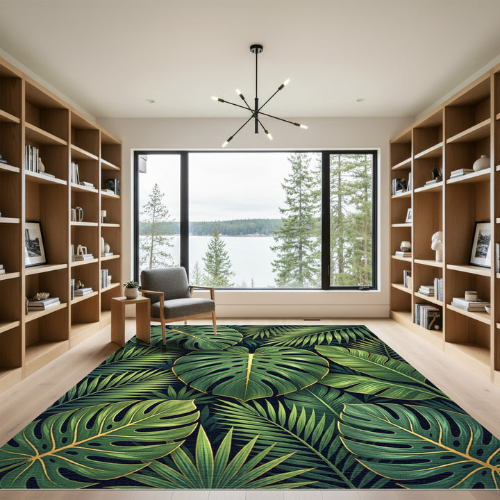 Exotic Green Monstera Palm Leaves Rug