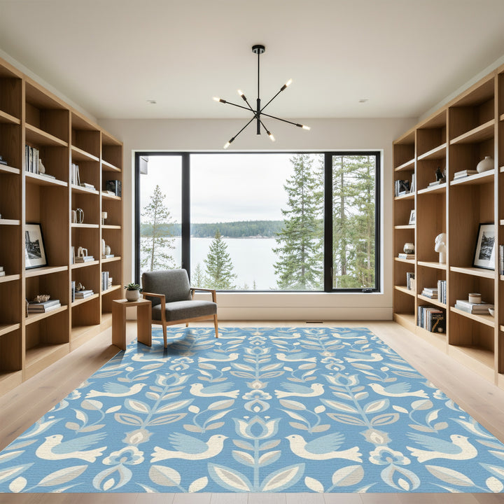 Blue Dove Floral Folk Art Rug