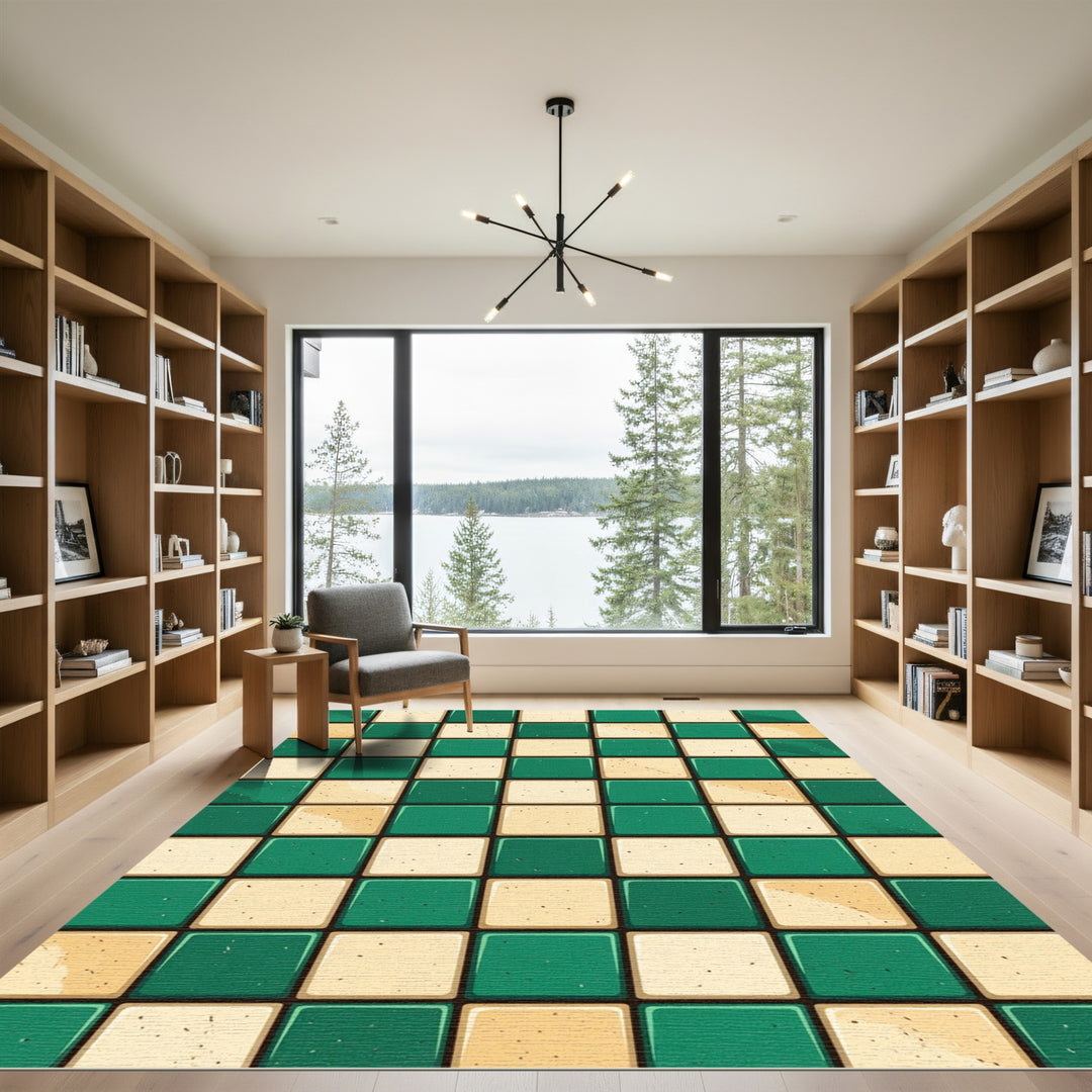 Emerald Cream Checkered Squares Rug