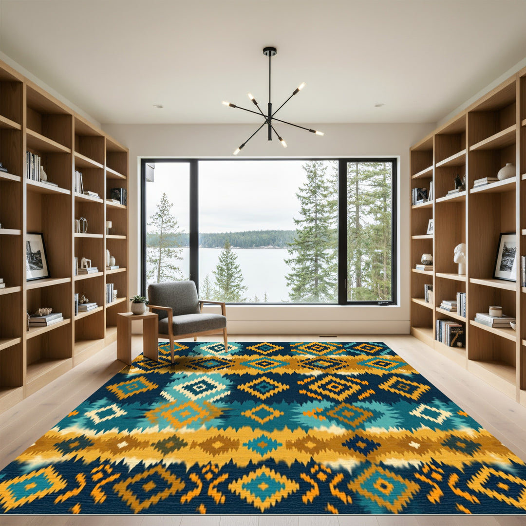Tribal Blue Orange Geometric Diamond Rug