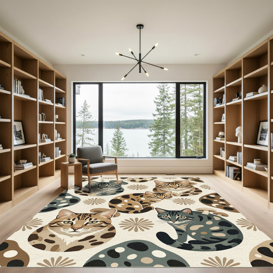 Retro Whimsical Cat Mushroom Rug
