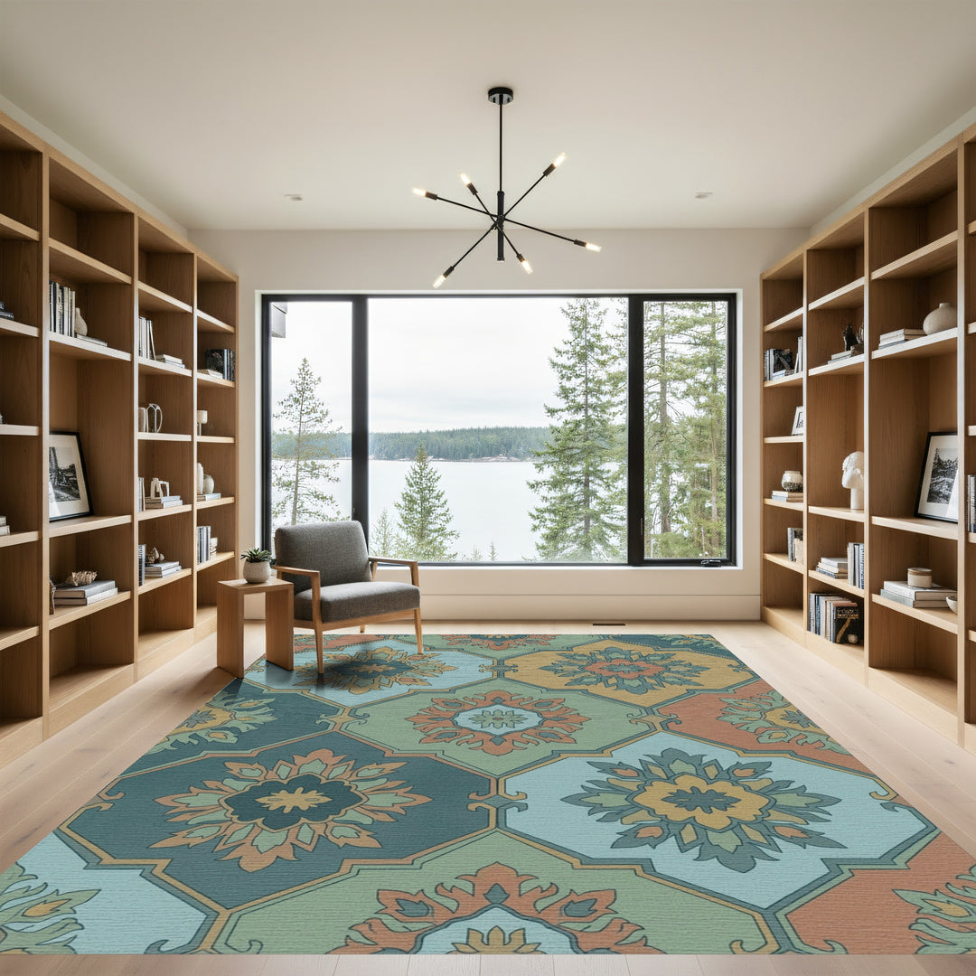 Earthy Jewel Toned Medallion Tile Rug