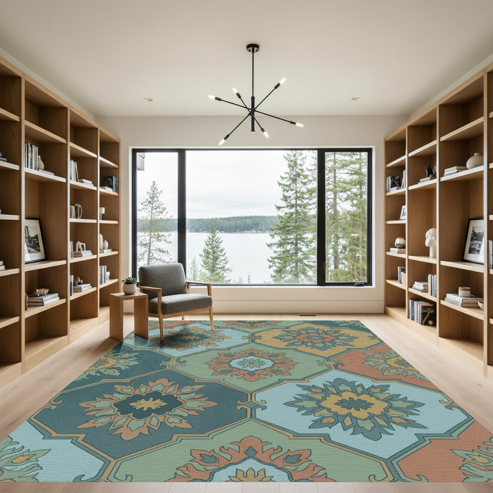Earthy Jewel Toned Medallion Tile Rug