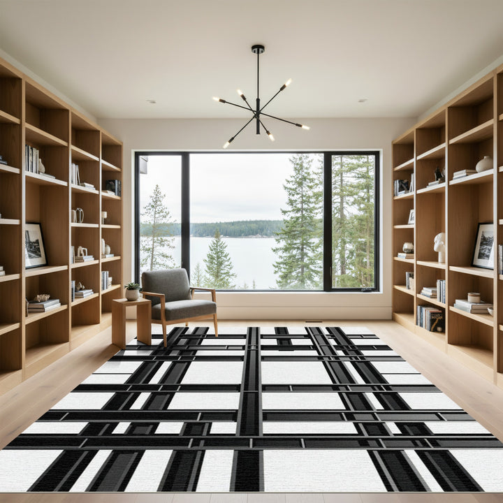 Black White Grid Modern Abstract Rug