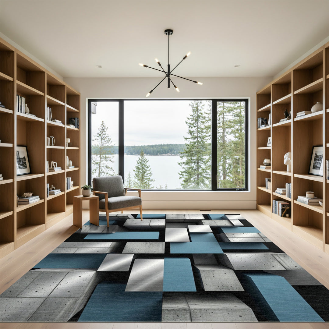 Geometric Concrete Blue Cubes Rug
