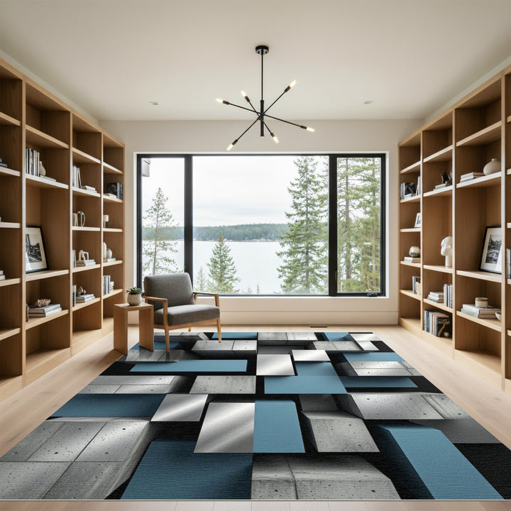 Geometric Concrete Blue Cubes Rug