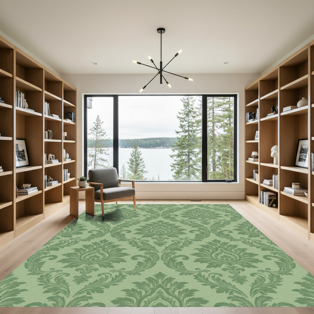 Forest Green Damask Scroll Rug