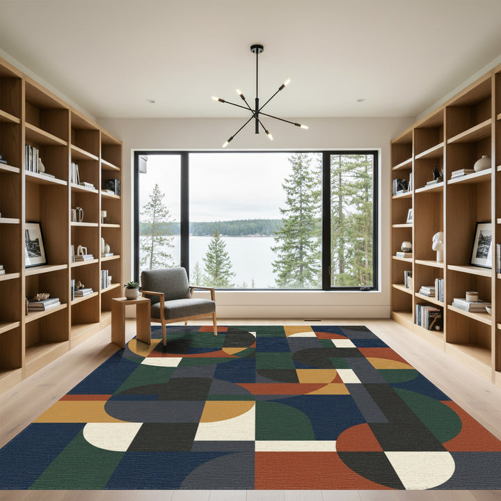 Mid Century Circles Squares Ochre Navy Rug