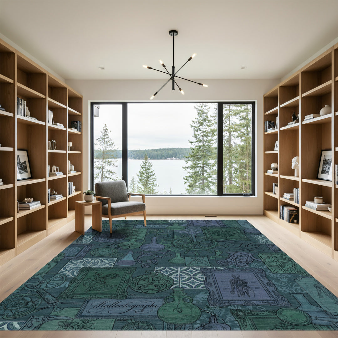 Steampunk Scientific Collage Teal Rug