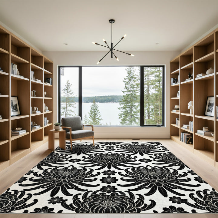 Black Chrysanthemum Floral Damask Rug