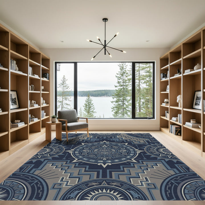 Aztec Sun Stone Blue Geometric Rug