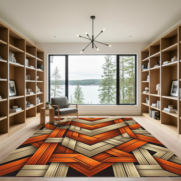 Orange Beige Interwoven Geometric Abstraction Rug