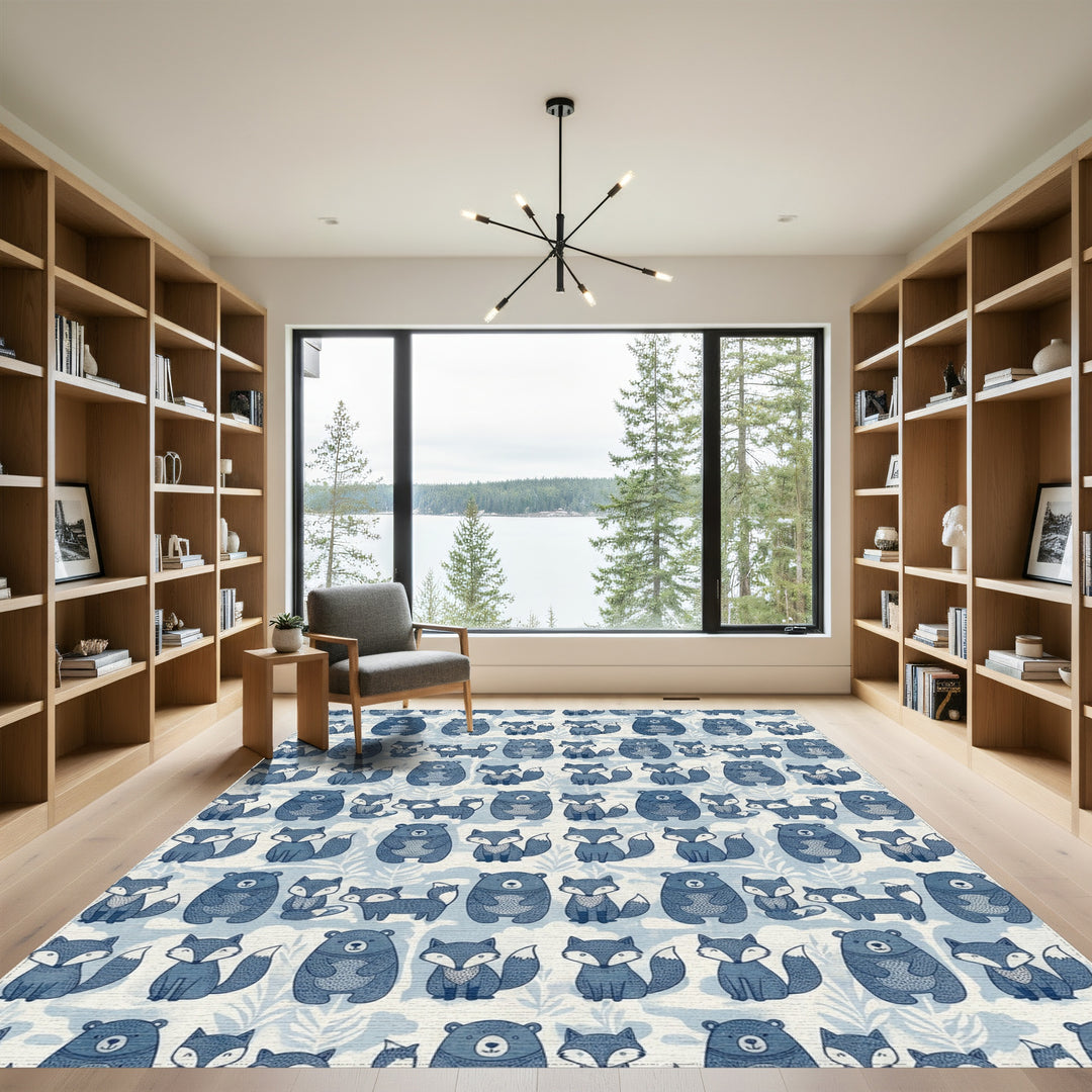 Blue Woodland Bear Fox Whimsical Folk Rug