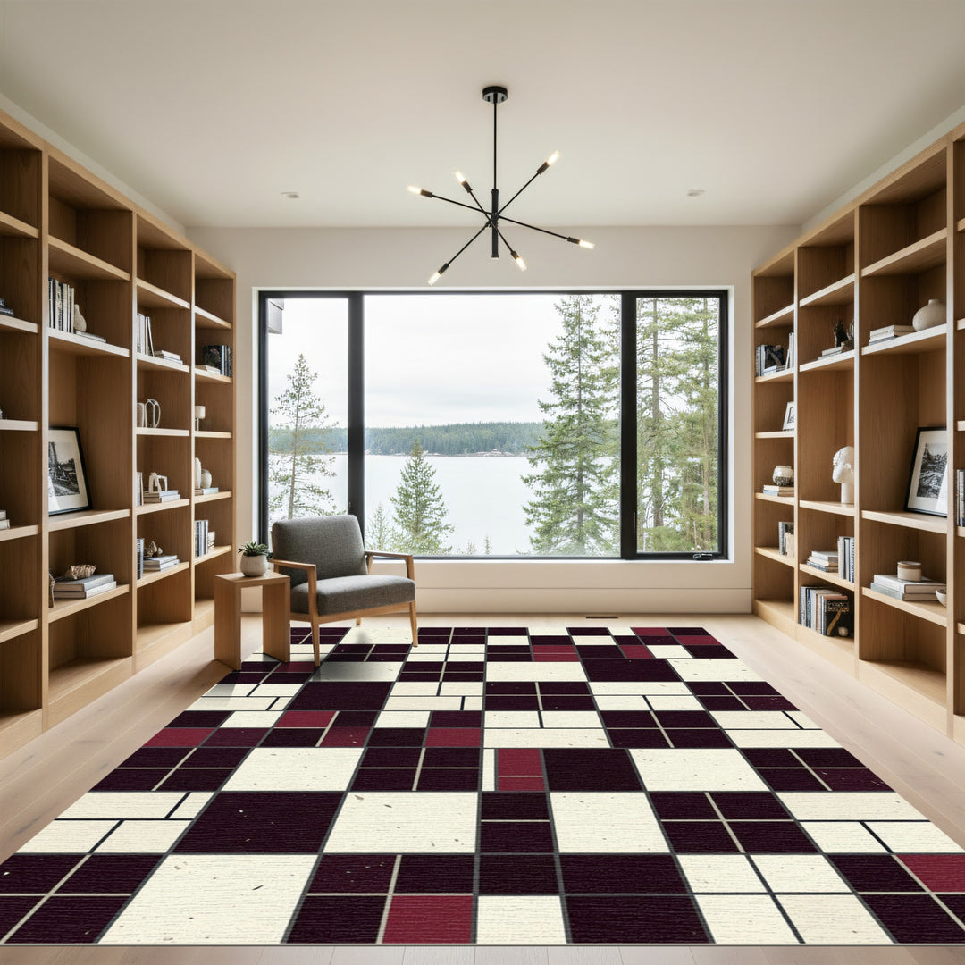 Crimson Black White Geometric Composition Rug
