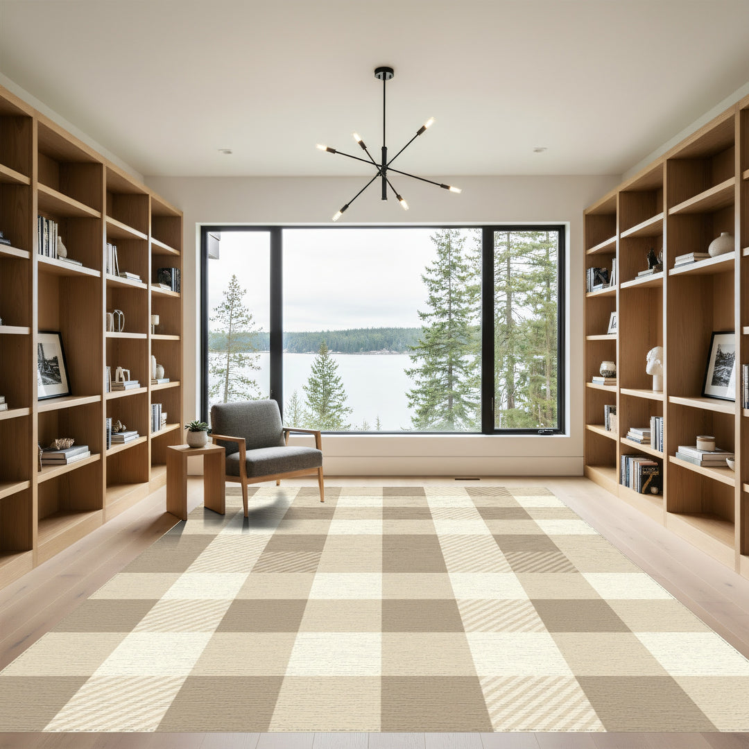 Warm Beige Checked Plaid Rug
