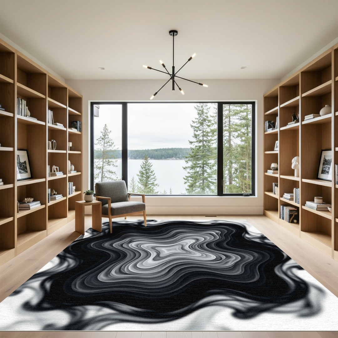 Monochrome Rippled Starburst Abstract Rug