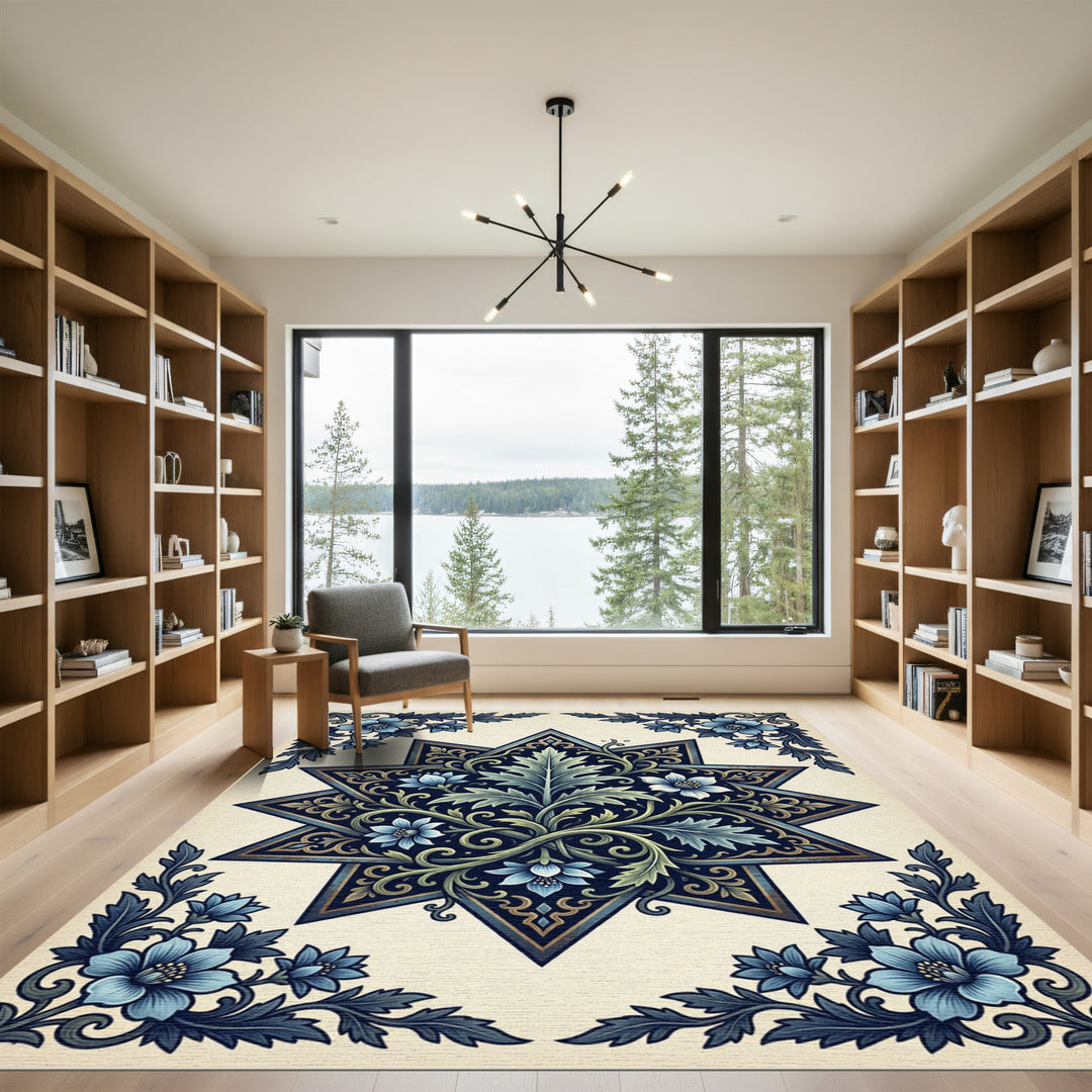 Deep Blue Floral Starburst Arrangement Rug