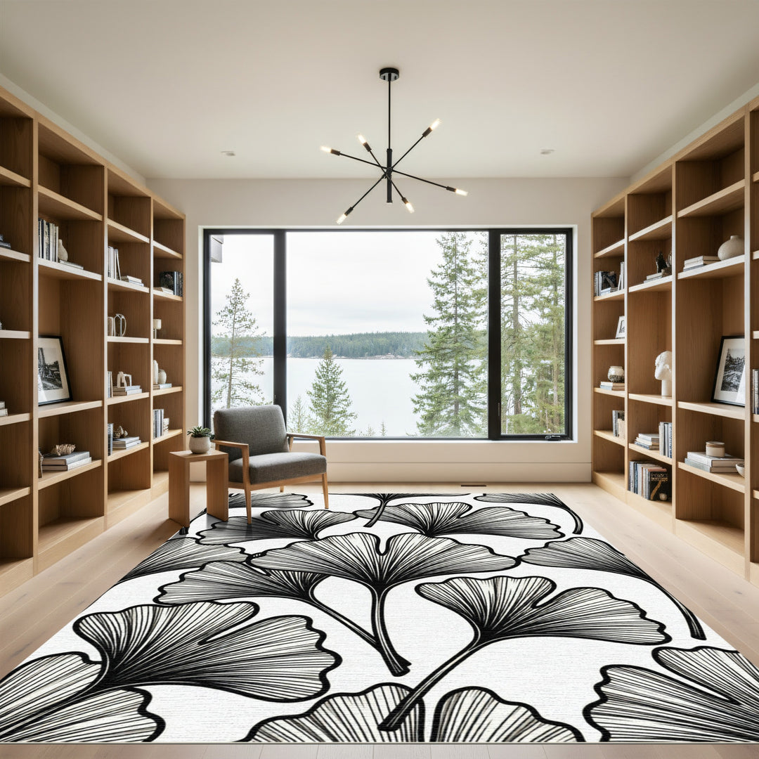 Black Ginkgo Leaf Line Drawing Rug