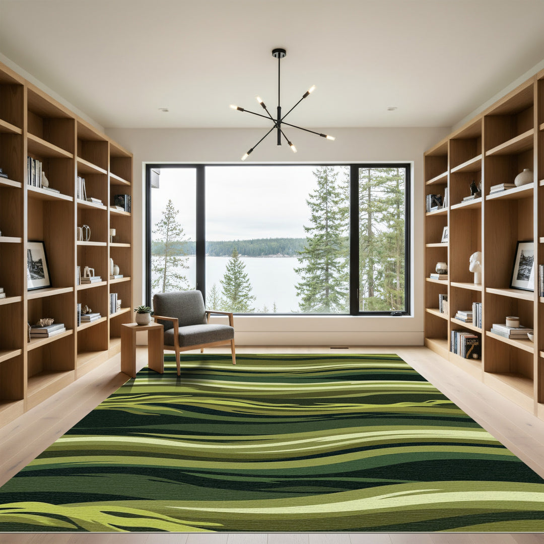 Abstract Green Wave Curvy Lines Rug