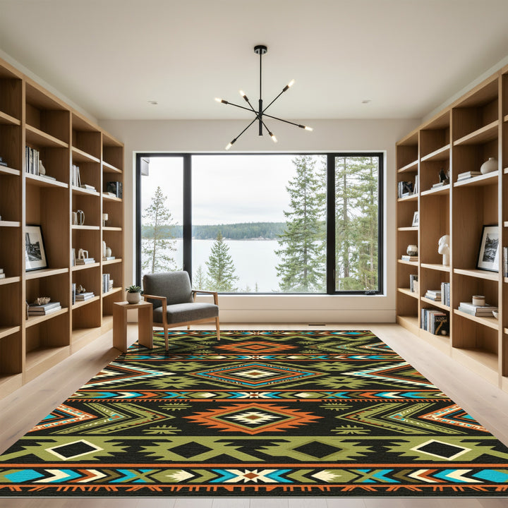 Tribal Orange Green Geometric Rug