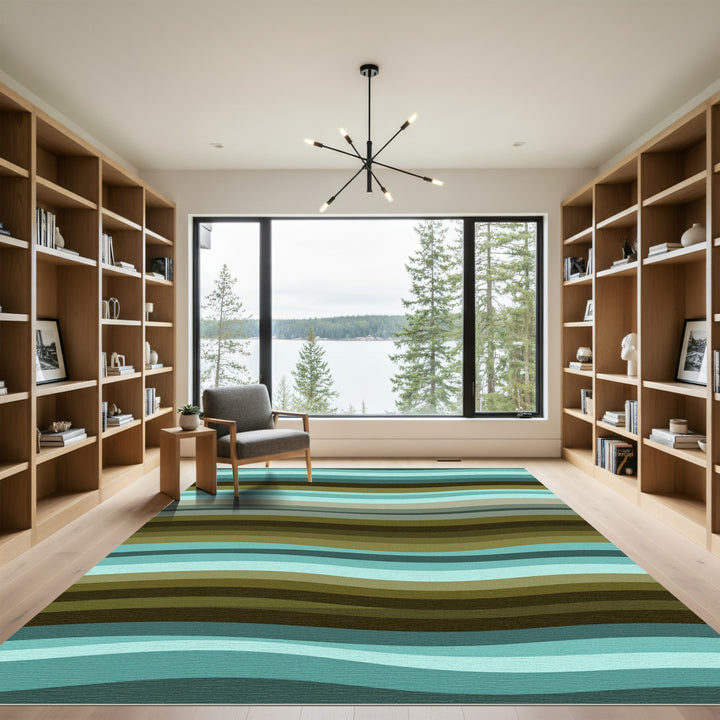 Aqua And Olive Wavy Bands Rug
