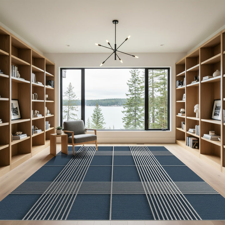 Deep Blue Silver Lines Tartan Rug