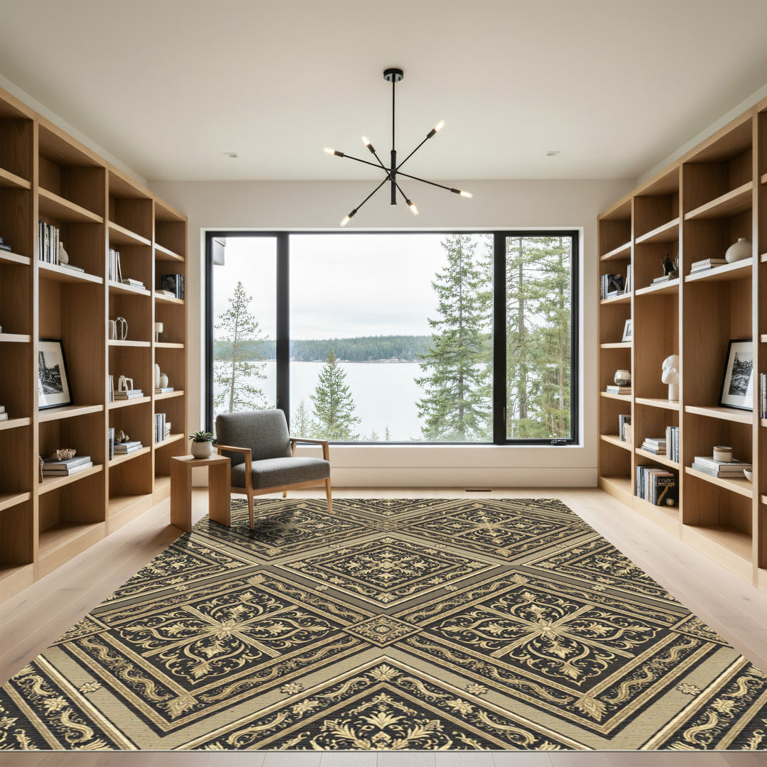 Ornate Golden Damask Diamond Rug