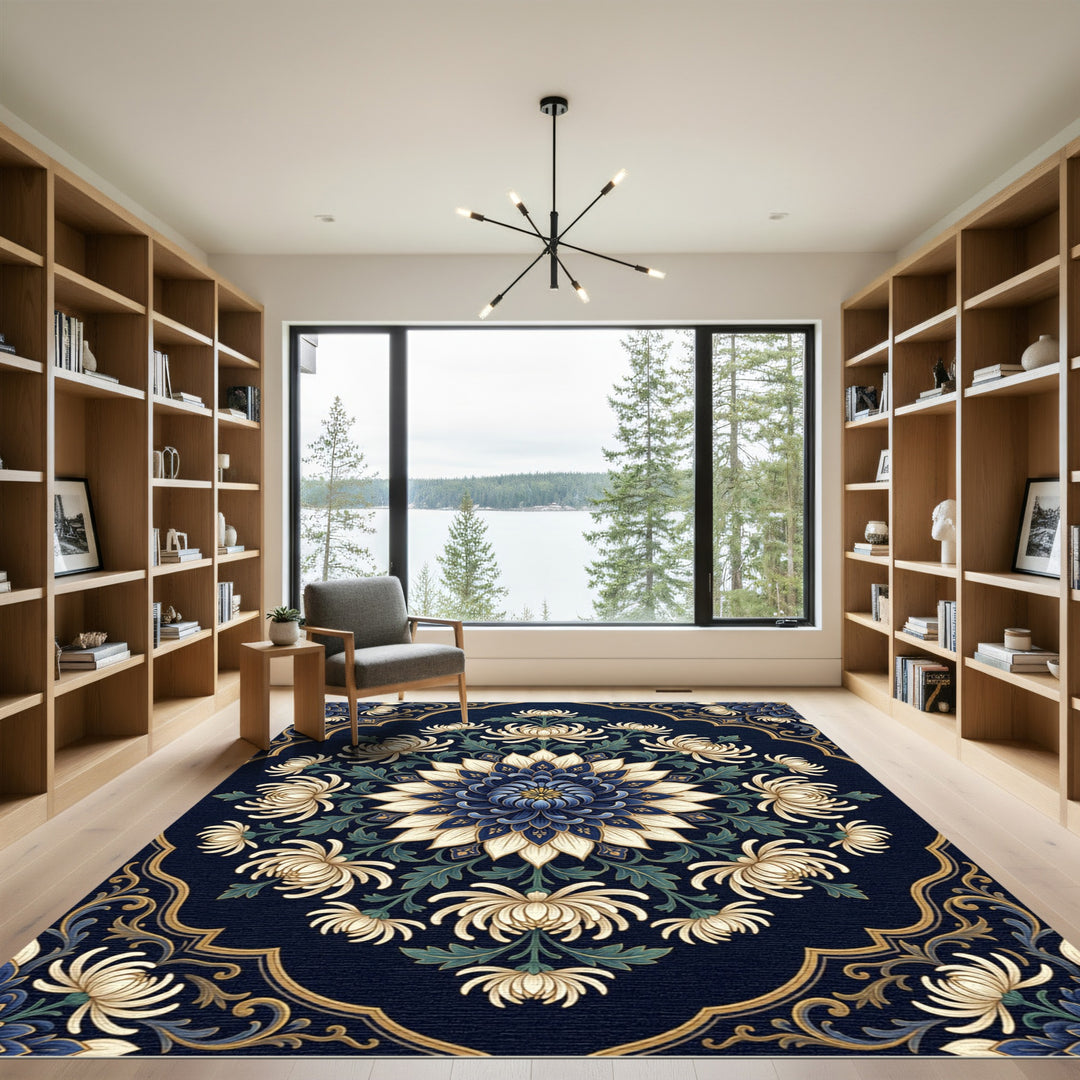 Deep Blue Chrysanthemum Floral Medallion Rug