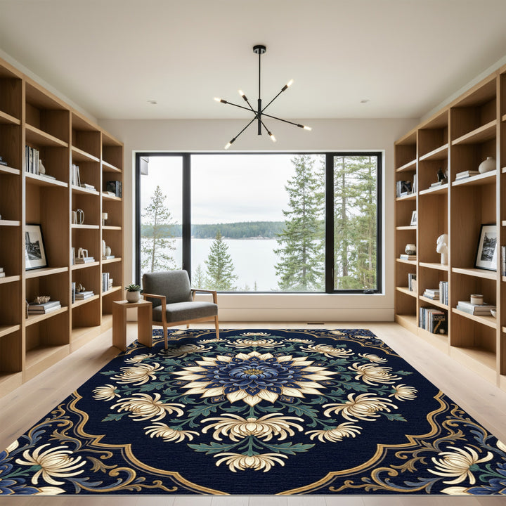 Deep Blue Chrysanthemum Floral Medallion Rug