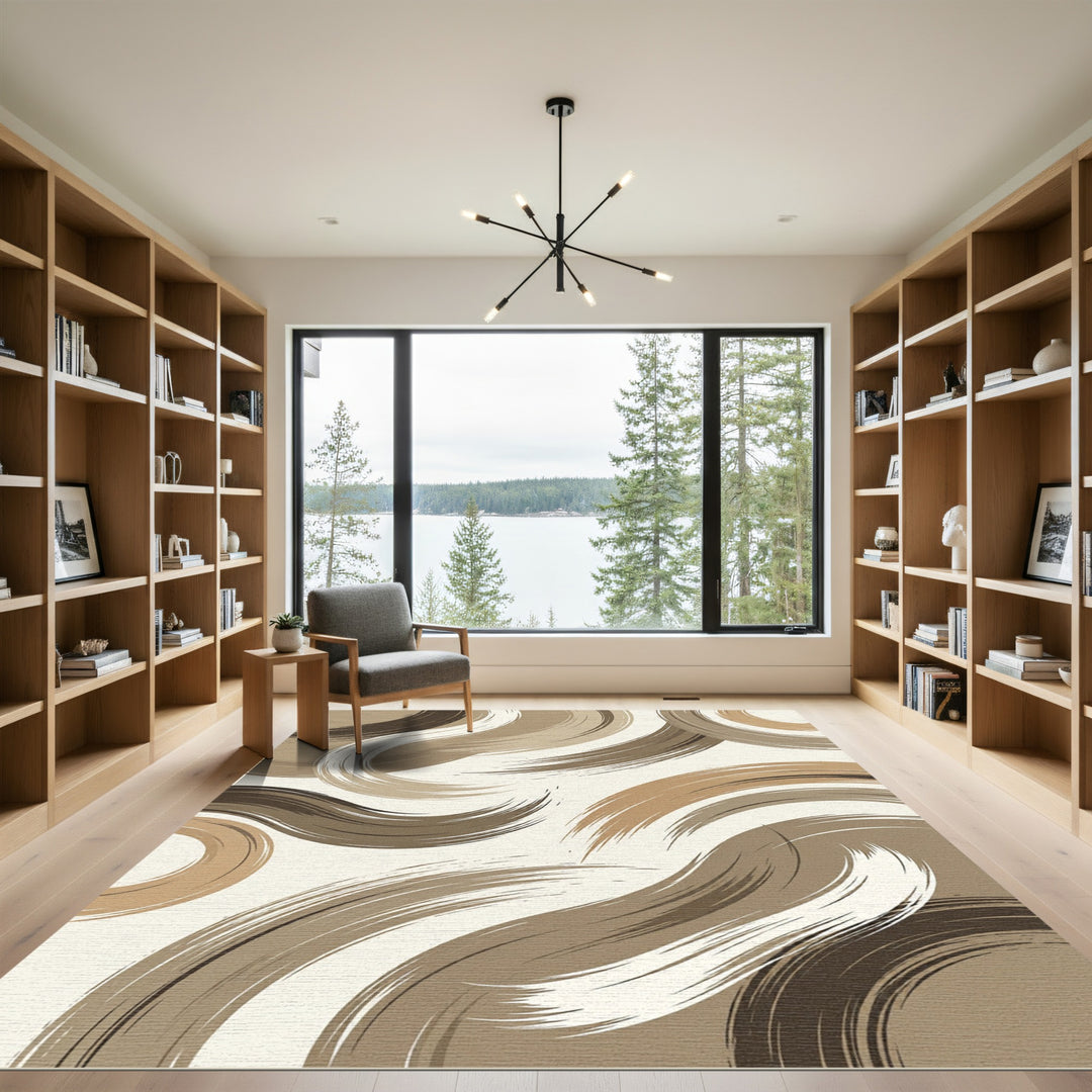 Brown Abstract Brushstroke Swirl Rug