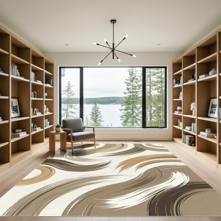 Brown Abstract Brushstroke Swirl Rug