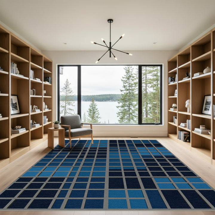 Deep Blue Grid Rectangle Rug