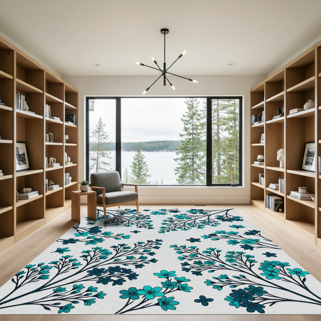 Teal Blossom Branch Art Rug