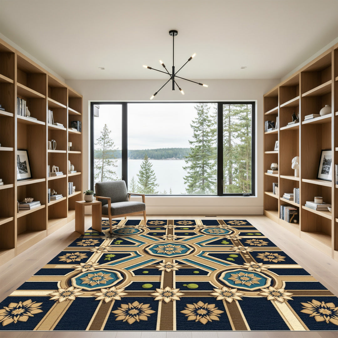 Geometric Medallion Blue Gold Rug
