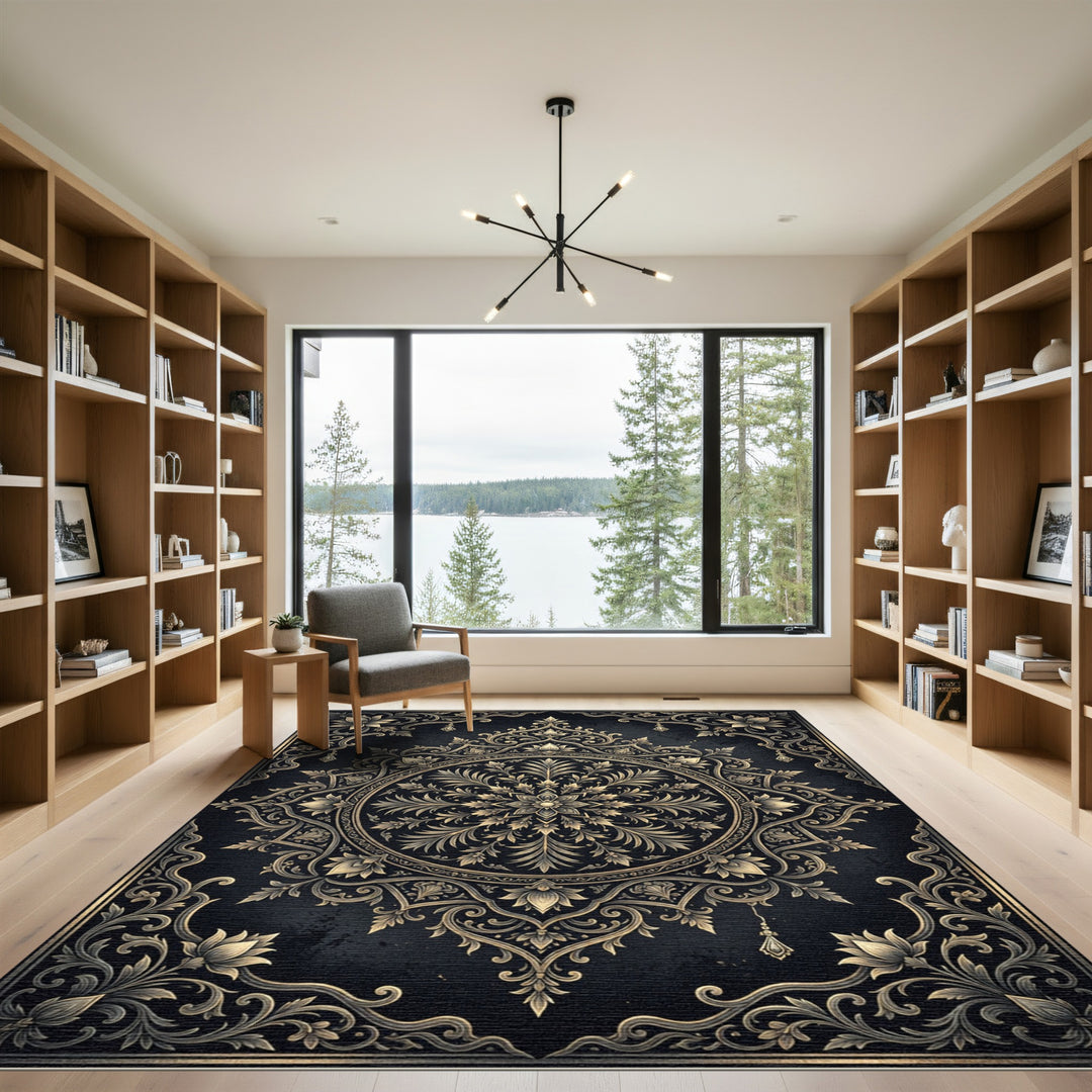 Luxurious Golden Botanical Mandala Rug