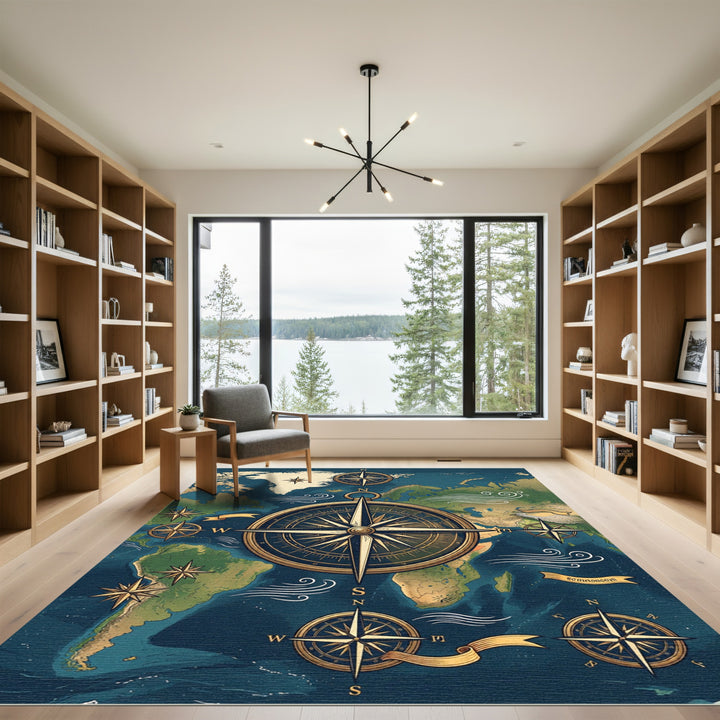 Nautical World Map Compass Rose Rug