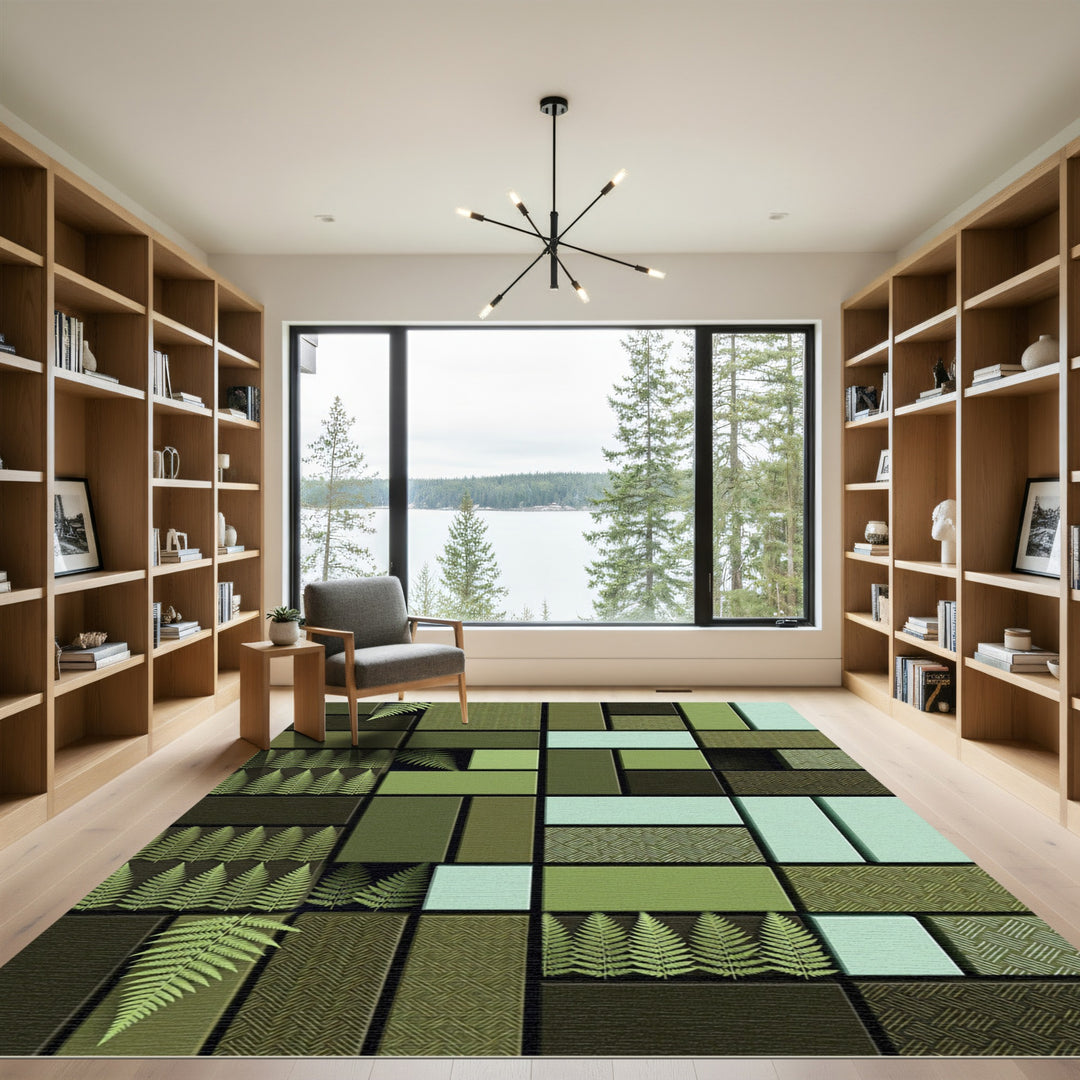 Verdant Fern Forest Geometric Mosaic Rug