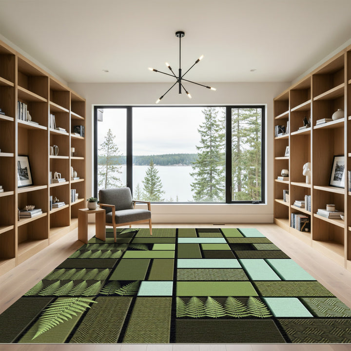 Verdant Fern Forest Geometric Mosaic Rug