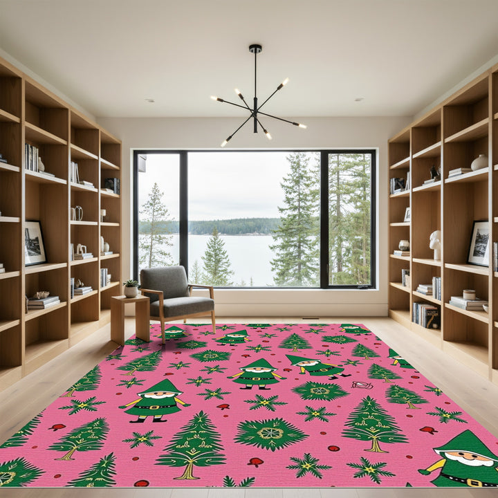 Pink Gnome and Evergreen Forest Pattern Rug