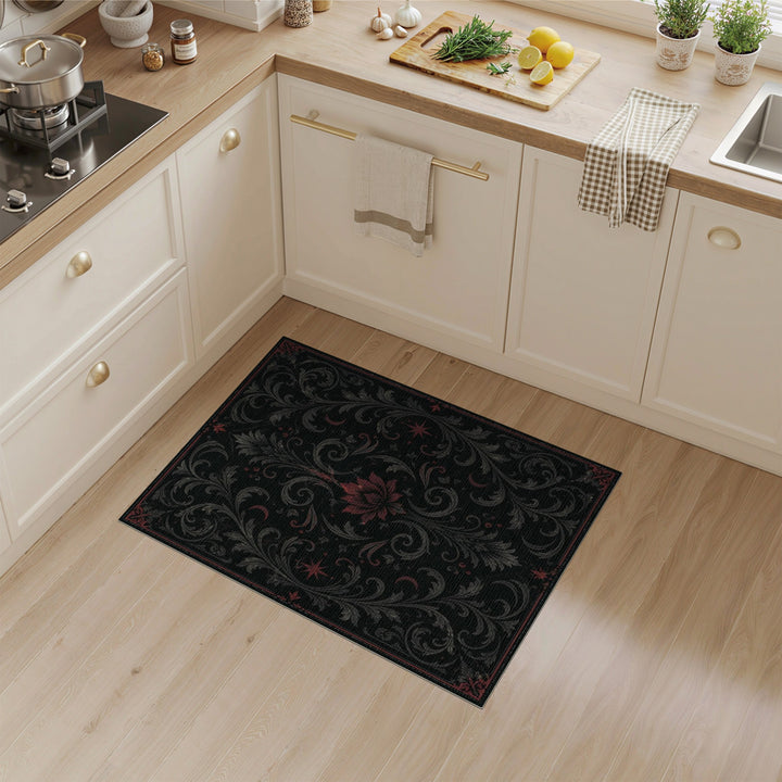 Black Floral Scroll Area Rug