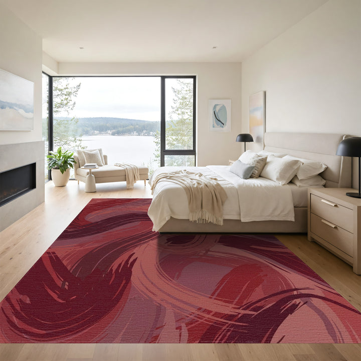 Crimson Swirl Abstract Brushstroke Rug