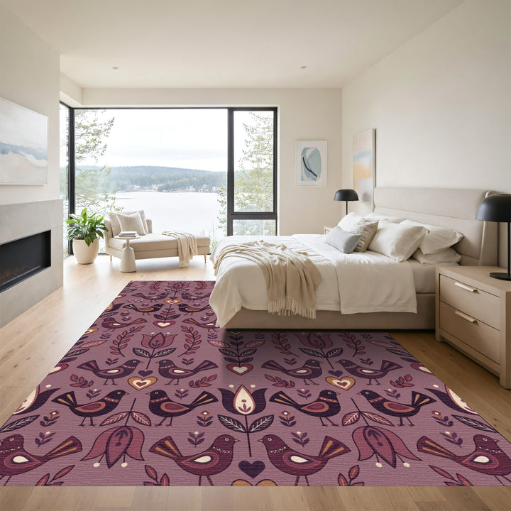 Muted Plum Folk Birds Heart Floral Rug