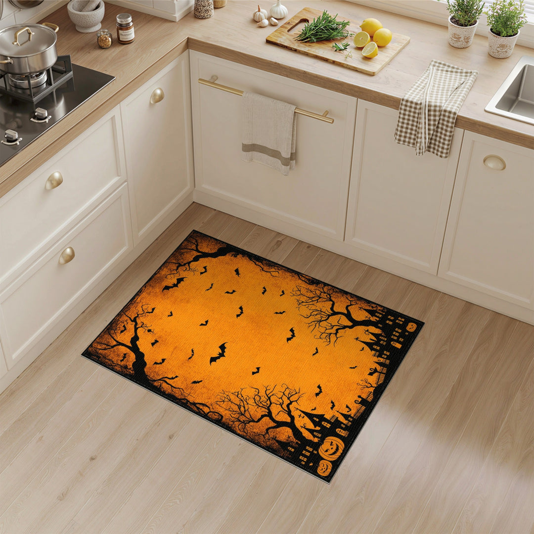 Halloween Bats Haunted House Orange Area Rug