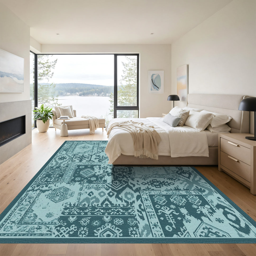 Teal Patchwork Geometric Medallion Rug
