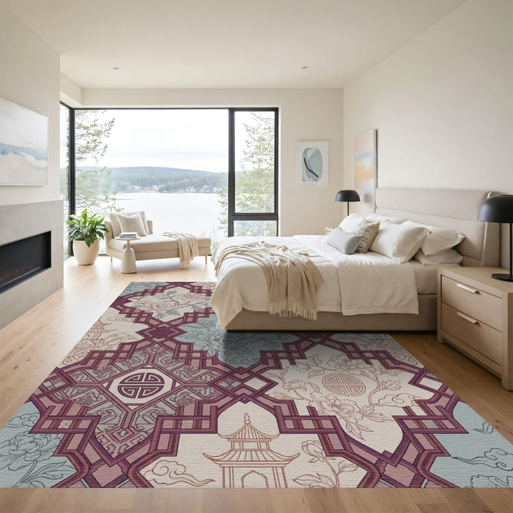 Burgundy Floral Pagoda Lattice Rug