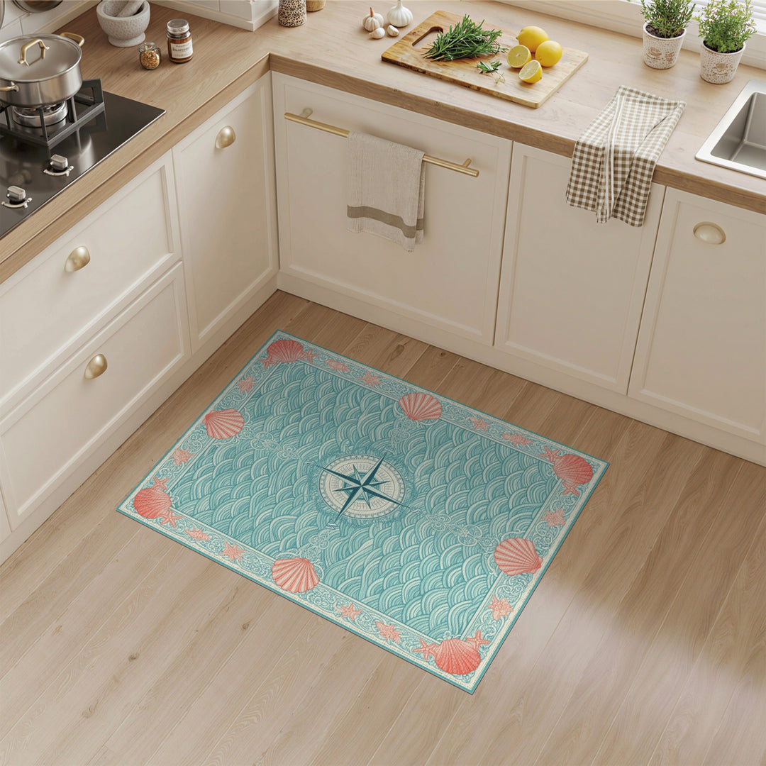 Coastal Compass Wave Teal Area Rug