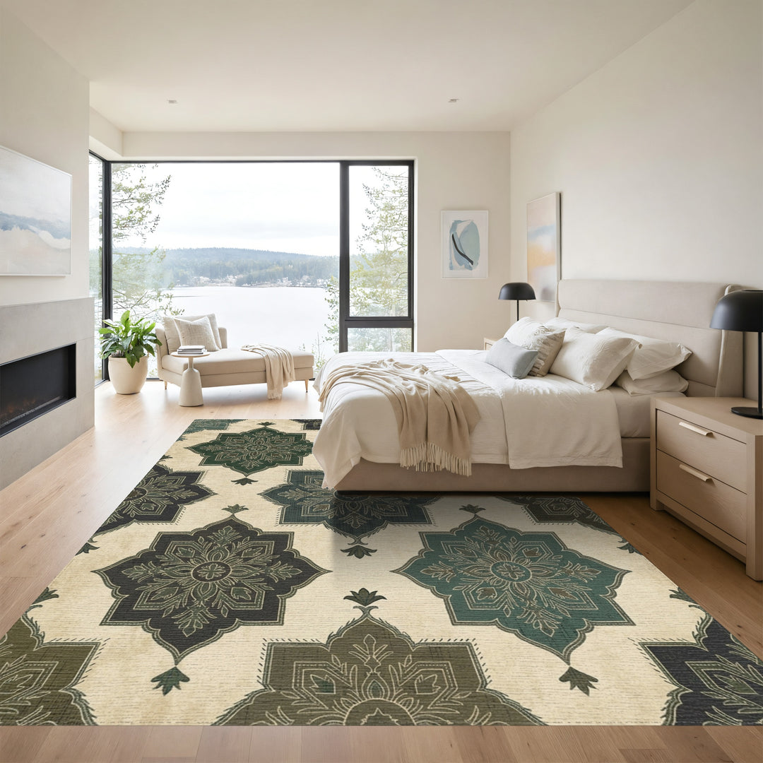 Earthy Green Slate Medallion Texture Rug